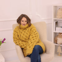 One available in size 4XL, Yellow Alpaca Sweater, 18 Strand Honeycomb Cable Knit, Chunky Hand Knitted Turtleneck T2227