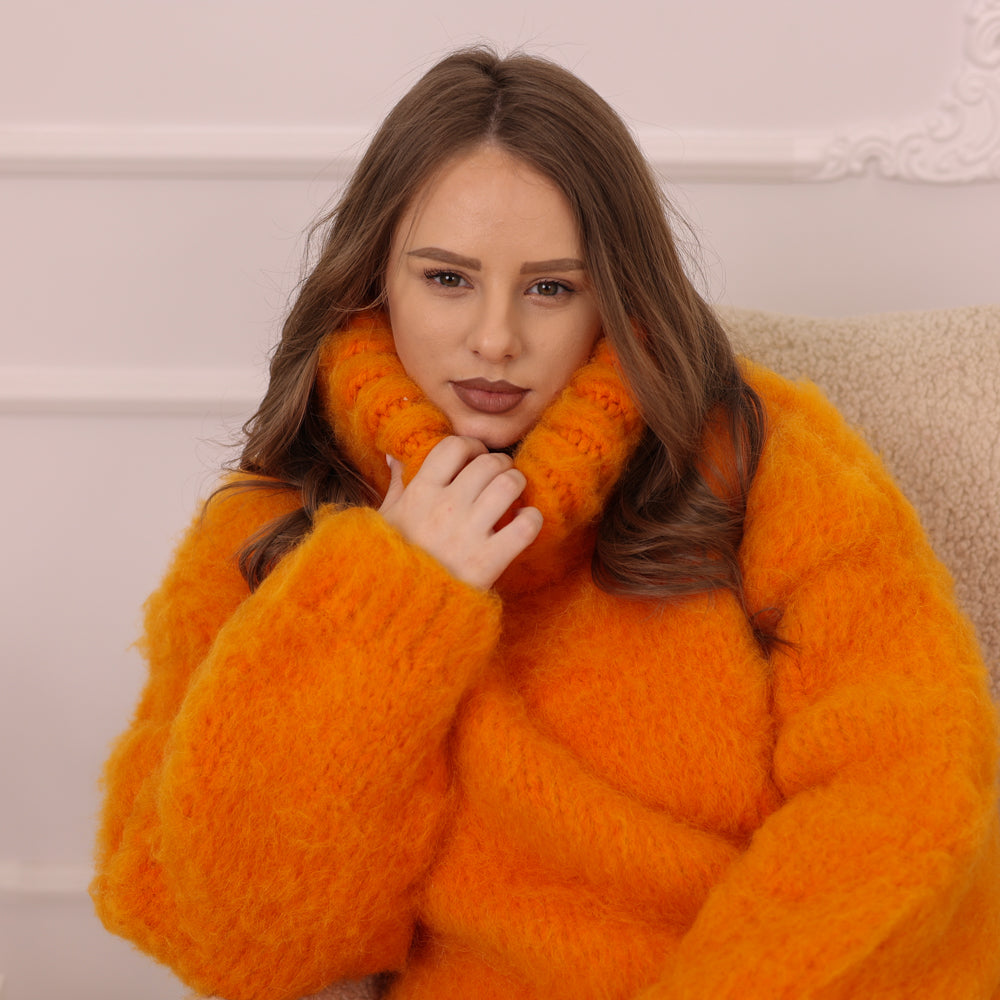Orange Alpaca Sweater, Extra Chunky Fluffy Knit, Hand Knitted Turtleneck Pullover T2228