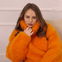Orange Alpaca Sweater, Extra Chunky Fluffy Knit, Hand Knitted Turtleneck Pullover T2228