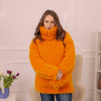 Orange Alpaca Sweater, Extra Chunky Fluffy Knit, Hand Knitted Turtleneck Pullover T2228