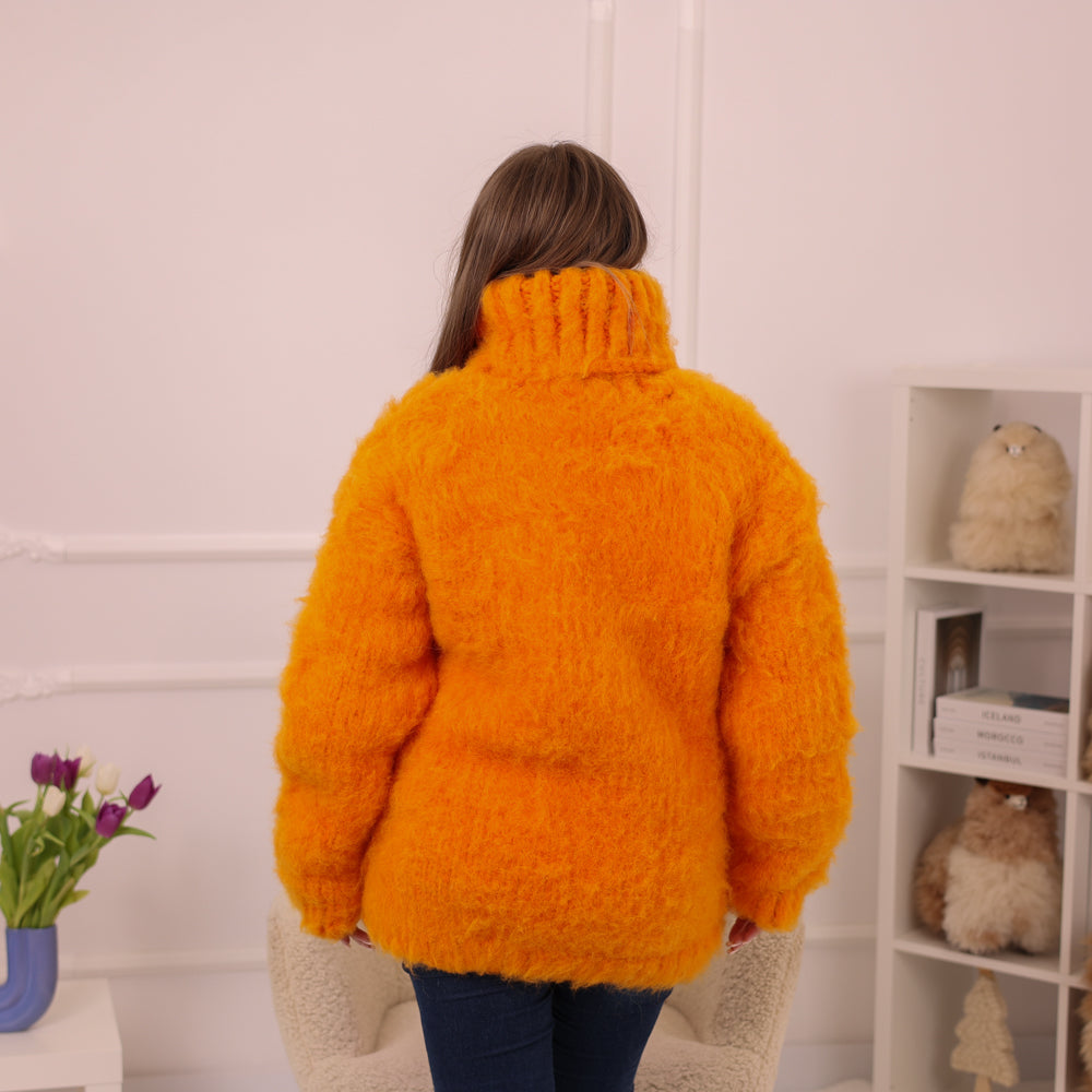 Orange Alpaca Sweater, Extra Chunky Fluffy Knit, Hand Knitted Turtleneck Pullover T2228