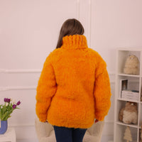 Orange Alpaca Sweater, Extra Chunky Fluffy Knit, Hand Knitted Turtleneck Pullover T2228