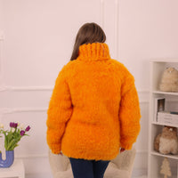 Orange Alpaca Sweater, Extra Chunky Fluffy Knit, Hand Knitted Turtleneck Pullover T2228