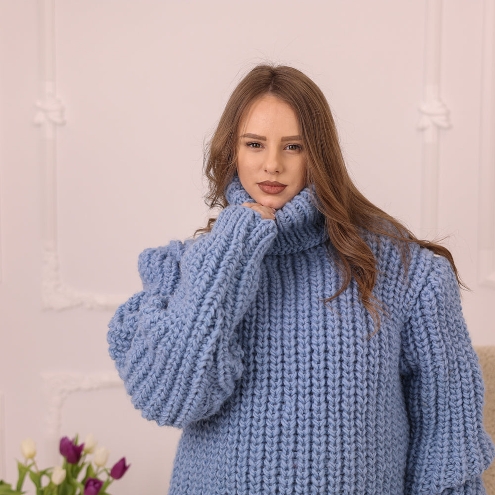 Wool Sweater, English Rib Knit, Chunky Hand Knitted Blue Turtleneck Warm Pullover T2234