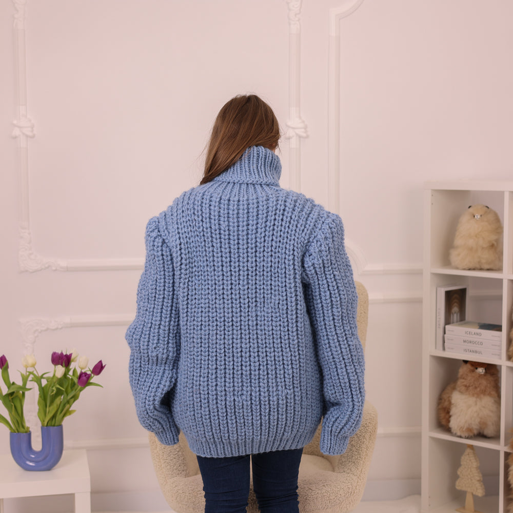 Wool Sweater, English Rib Knit, Chunky Hand Knitted Blue Turtleneck Warm Pullover T2234