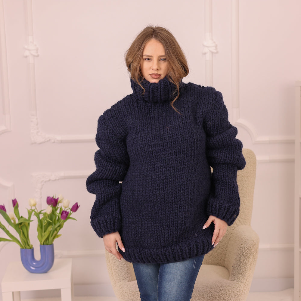 Wool Alpaca Sweater, Chunky Knit Turtleneck, Hand Knitted Navy Blue Warm Pullover T2232