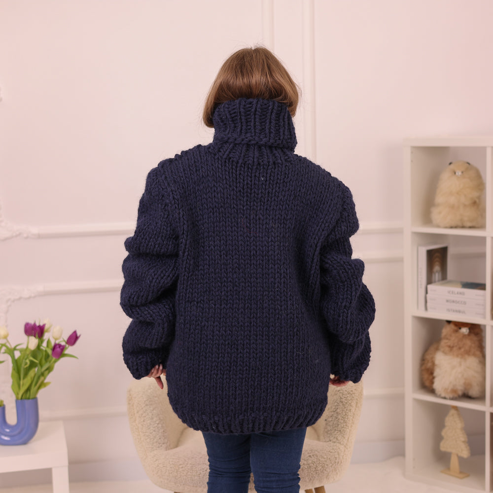 Wool Alpaca Sweater, Chunky Knit Turtleneck, Hand Knitted Navy Blue Warm Pullover T2232