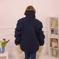 Wool Alpaca Sweater, Chunky Knit Turtleneck, Hand Knitted Navy Blue Warm Pullover T2232
