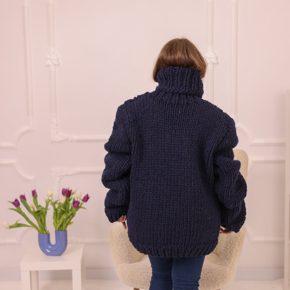 Wool Alpaca Sweater, Chunky Knit Turtleneck, Hand Knitted Navy Blue Warm Pullover T2232