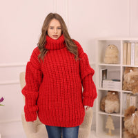 Red Alpaca Sweater, Chunky English Rib Knit, Hand Knitted Turtleneck Pullover T2230