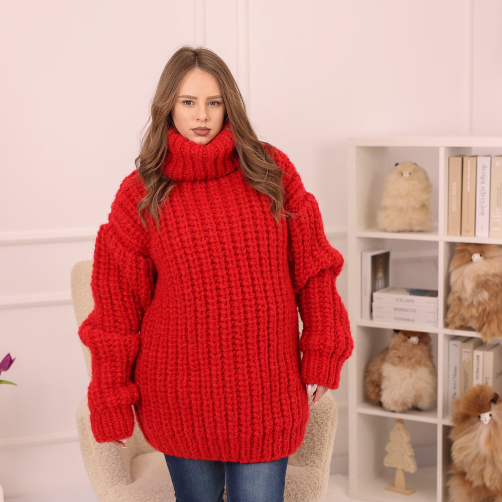One available in size 5XL, Red Alpaca Sweater, Chunky English Rib Knit, Hand Knitted Turtleneck Pullover T2230