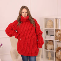 One available in size 5XL, Red Alpaca Sweater, Chunky English Rib Knit, Hand Knitted Turtleneck Pullover T2230