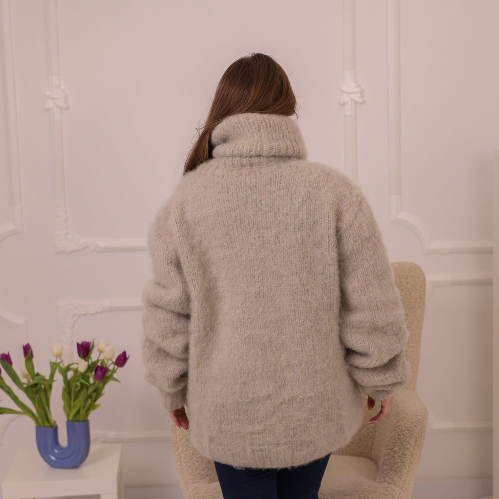 Beige Mohair Jumper, 8 Strand Brushed Knit, Hand Knitted Turtleneck Sweater, Soft Fluffy Texture T2225