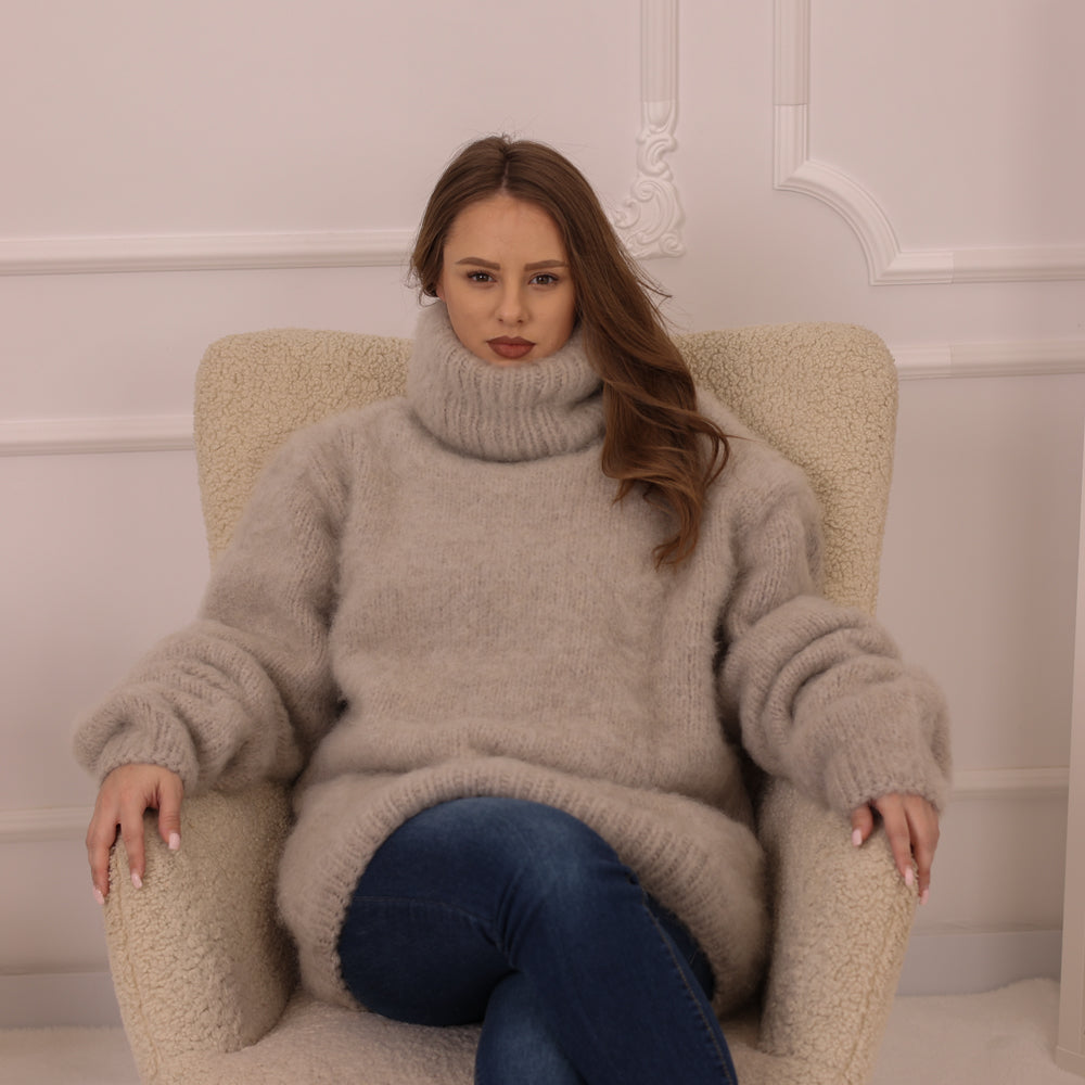 Beige Mohair Jumper, 8 Strand Brushed Knit, Hand Knitted Turtleneck Sweater, Soft Fluffy Texture T2225