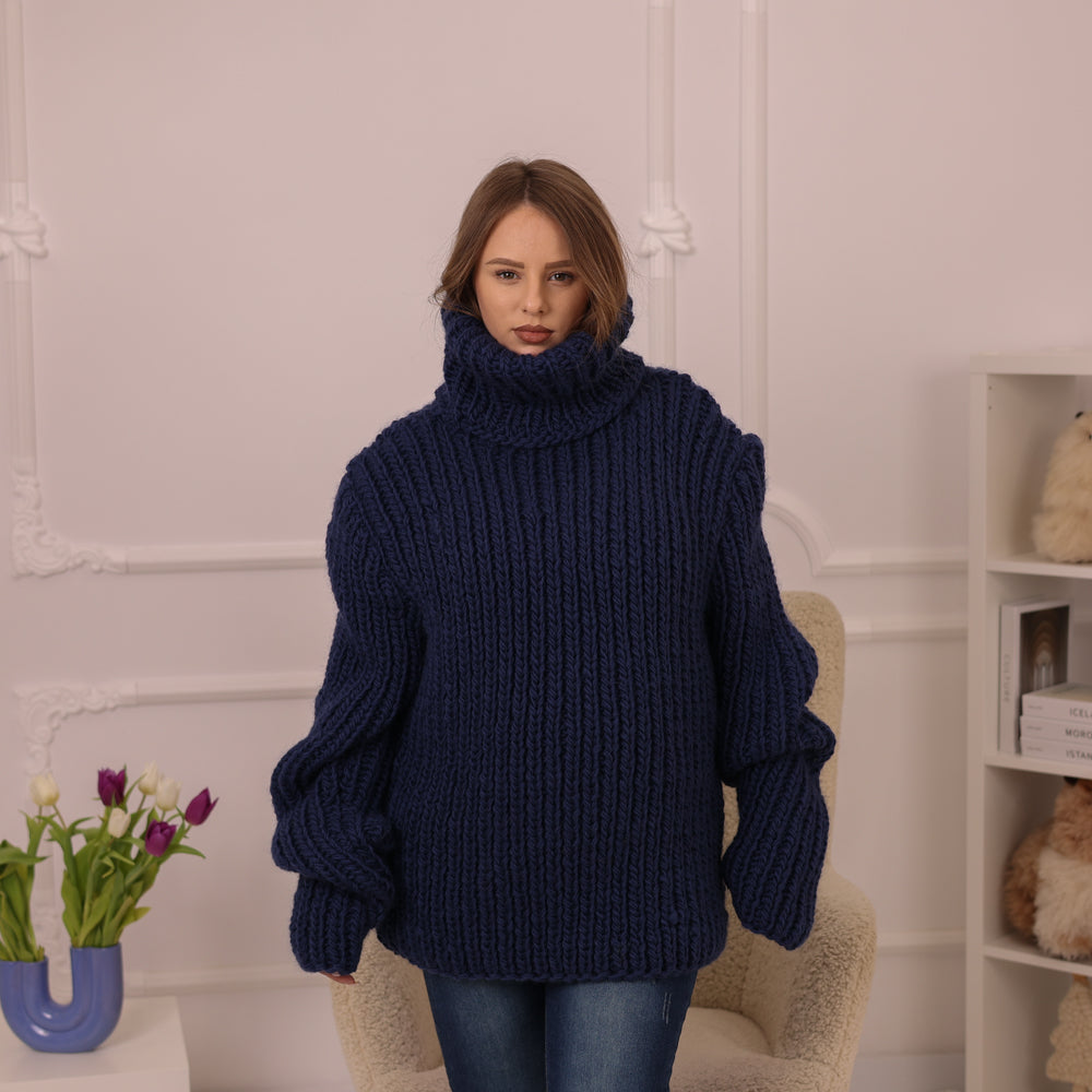 Wool Sweater, Chunky Ribbed Knit, Hand Knitted Blue Turtleneck Warm Pullover T2232