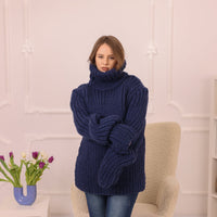 Wool Sweater, Chunky Ribbed Knit, Hand Knitted Blue Turtleneck Warm Pullover T2232