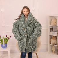 Chunky Cardigan, Wool Mohair Blend, Hand Knitted Green Melange Oversized Button Closure T2235