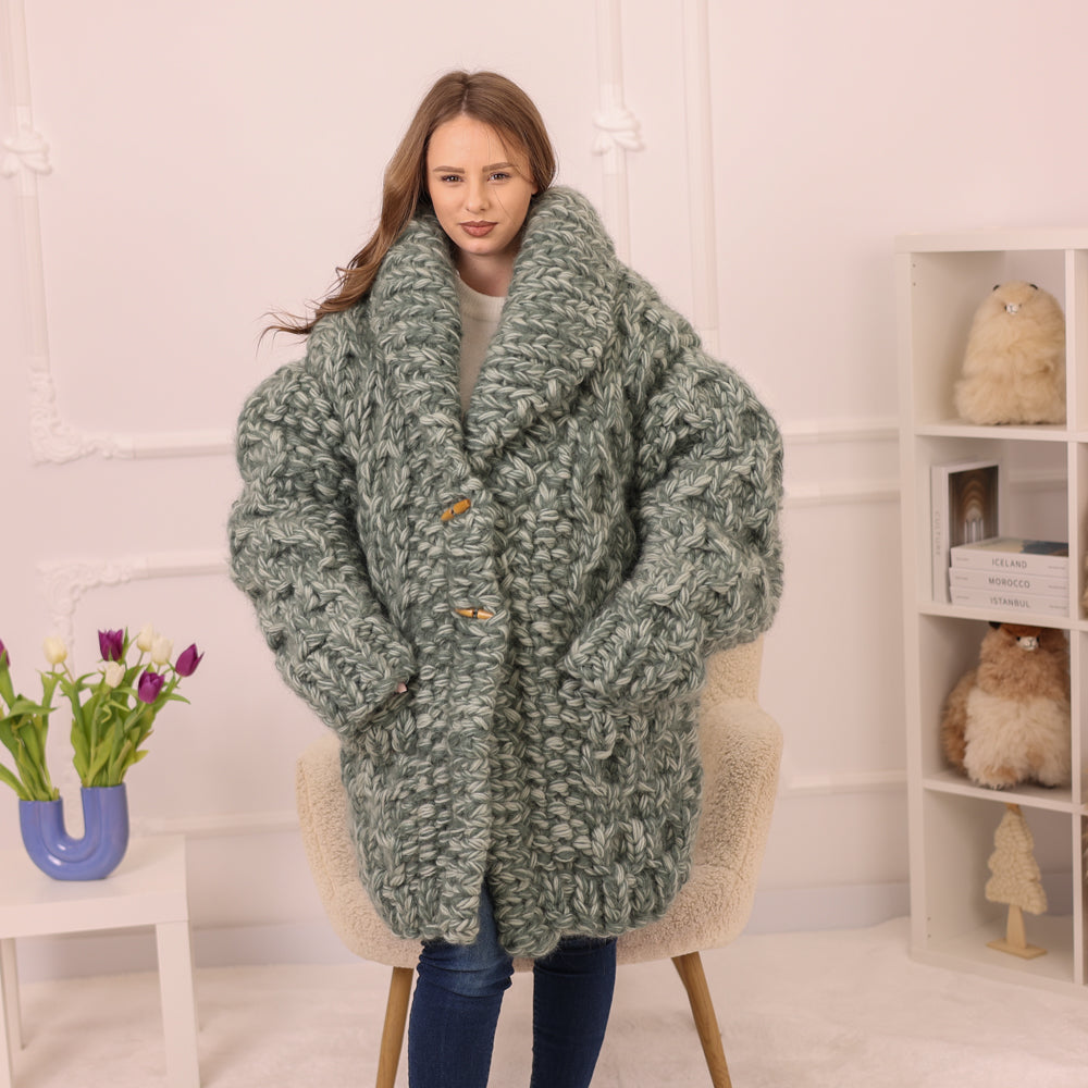 Chunky Cardigan, Wool Mohair Blend, Hand Knitted Green Melange Oversized Button Closure T2235