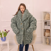 Chunky Cardigan, Wool Mohair Blend, Hand Knitted Green Melange Oversized Button Closure T2235