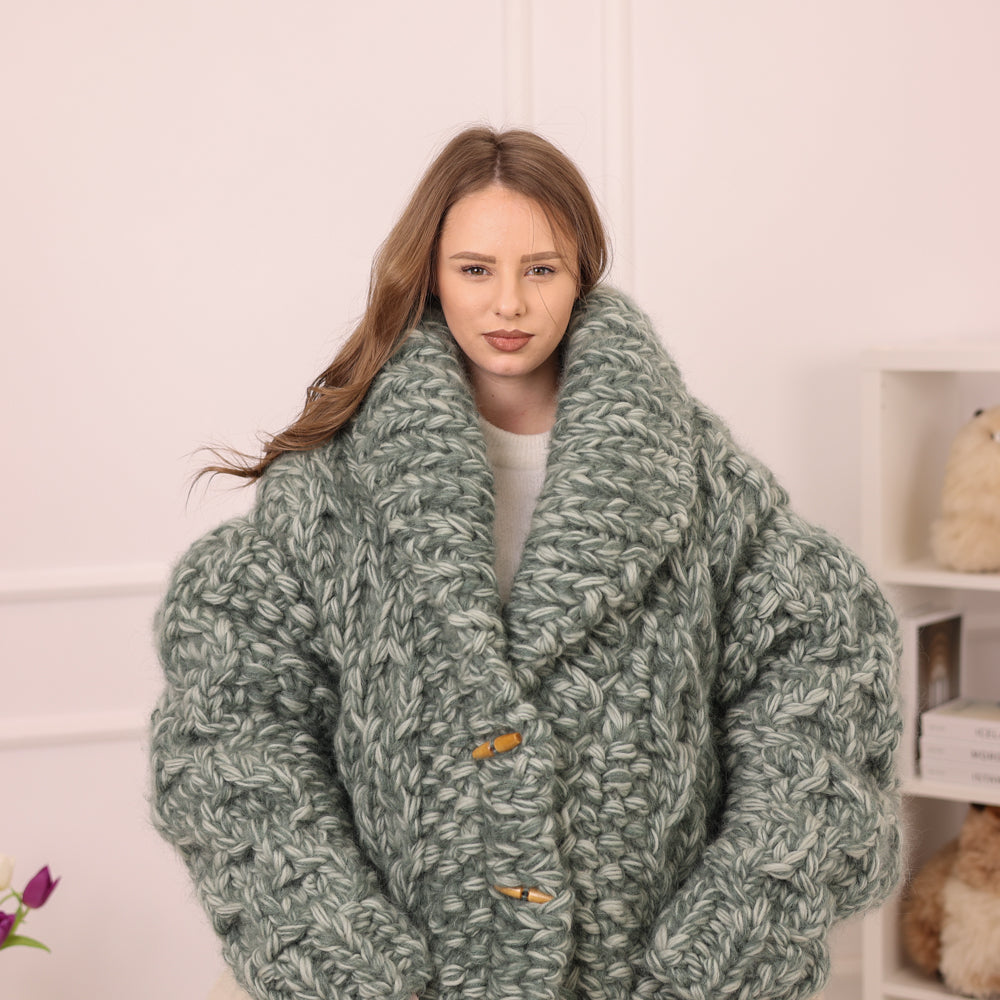 Chunky Cardigan, Wool Mohair Blend, Hand Knitted Green Melange Oversized Button Closure T2235
