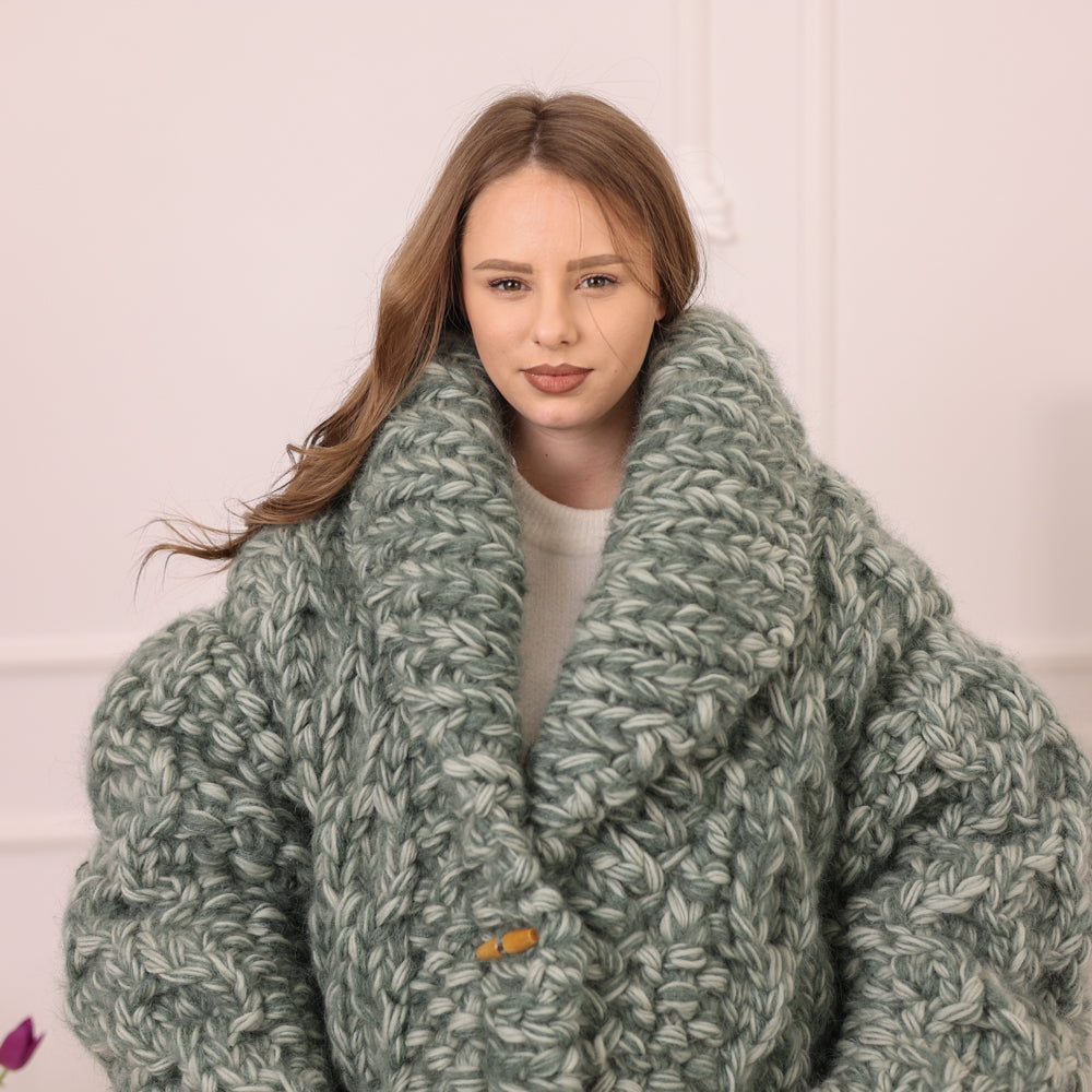 Chunky Cardigan, Wool Mohair Blend, Hand Knitted Green Melange Oversized Button Closure T2235