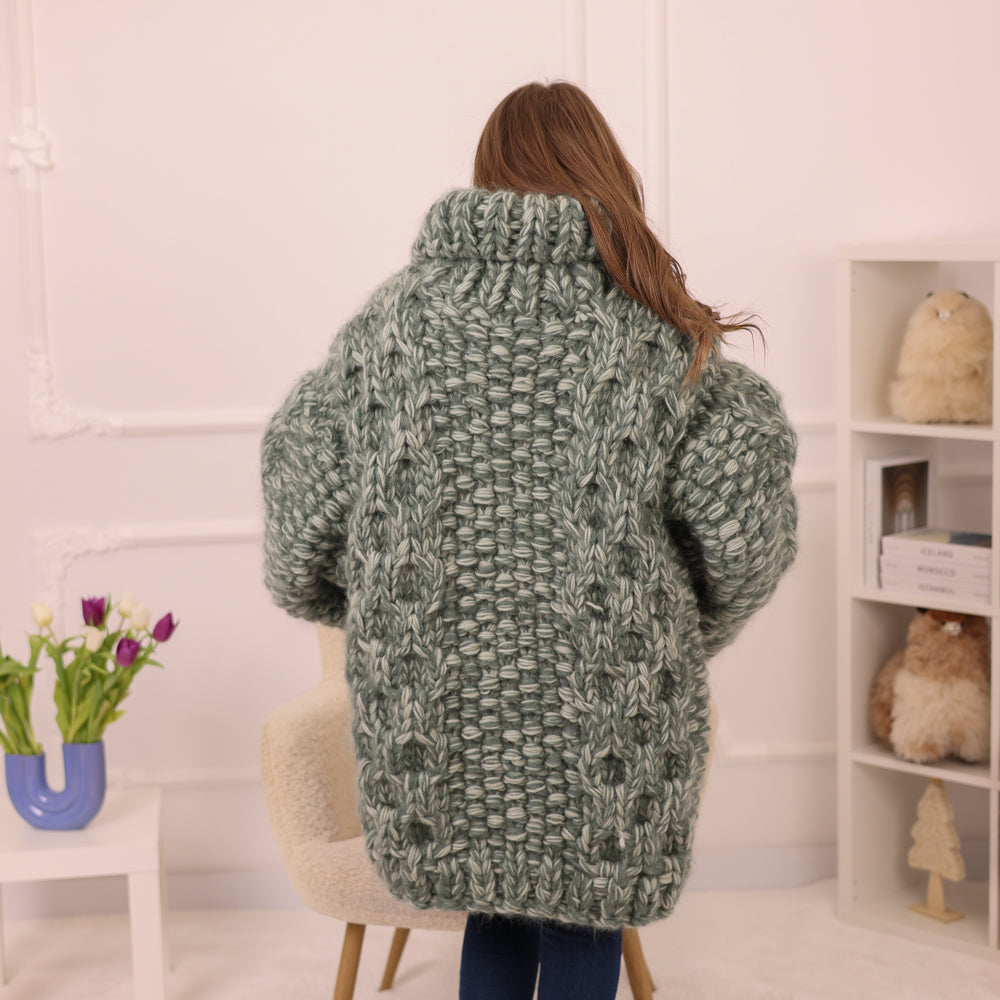 Chunky Cardigan, Wool Mohair Blend, Hand Knitted Green Melange Oversized Button Closure T2235