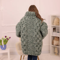 Chunky Cardigan, Wool Mohair Blend, Hand Knitted Green Melange Oversized Button Closure T2235