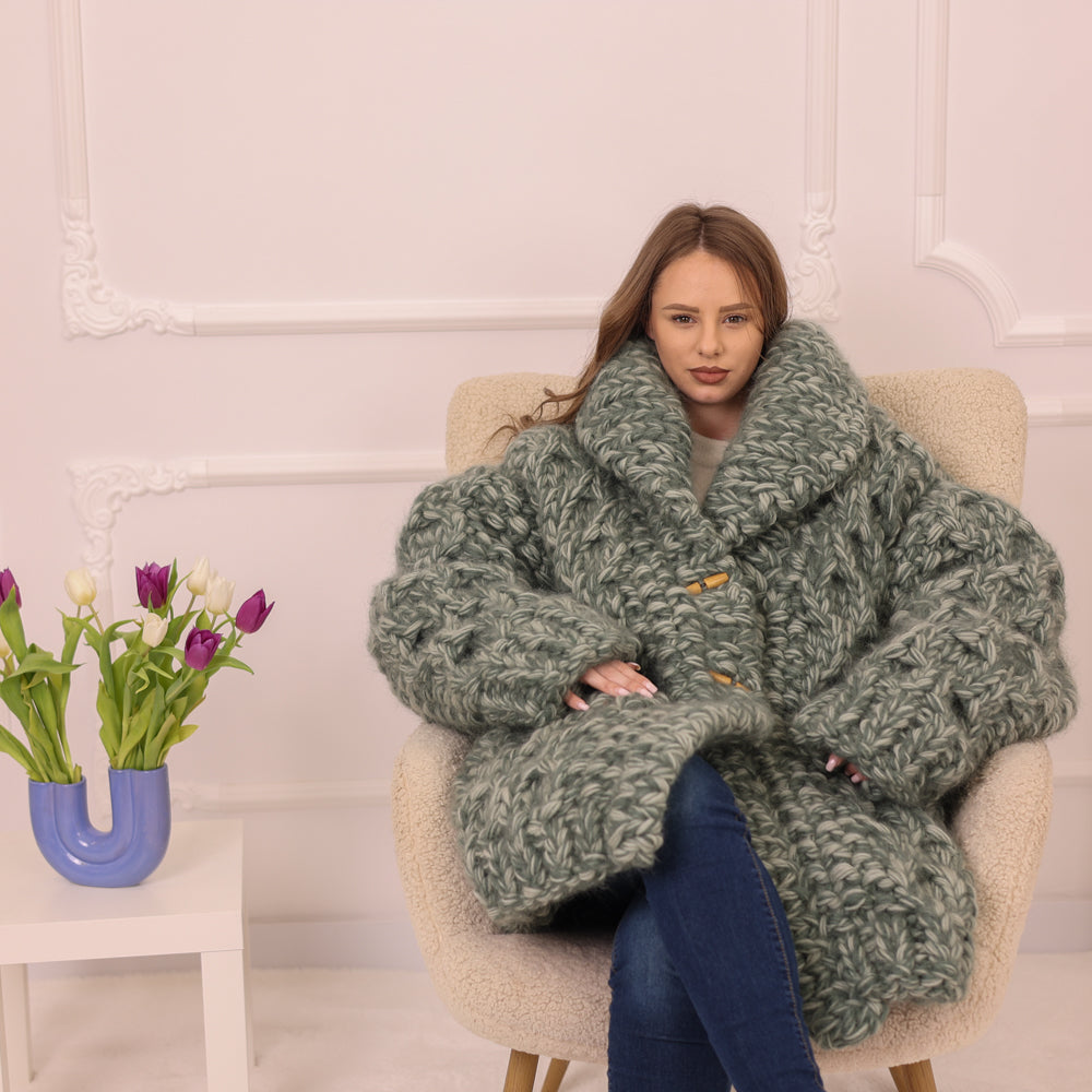 Chunky Cardigan, Wool Mohair Blend, Hand Knitted Green Melange Oversized Button Closure T2235