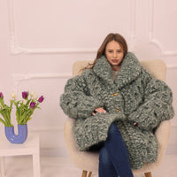 Chunky Cardigan, Wool Mohair Blend, Hand Knitted Green Melange Oversized Button Closure T2235