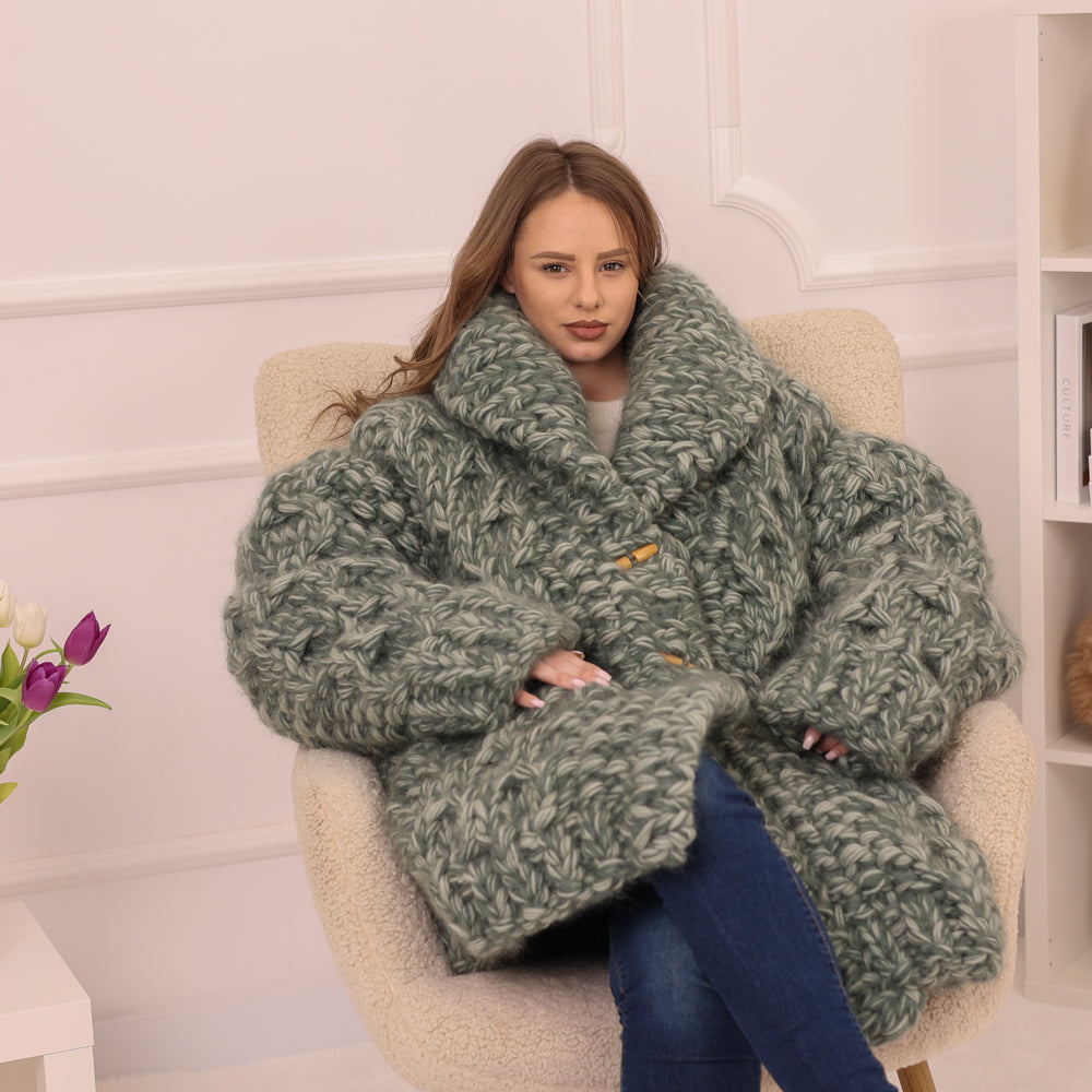 Chunky Cardigan, Wool Mohair Blend, Hand Knitted Green Melange Oversized Button Closure T2235