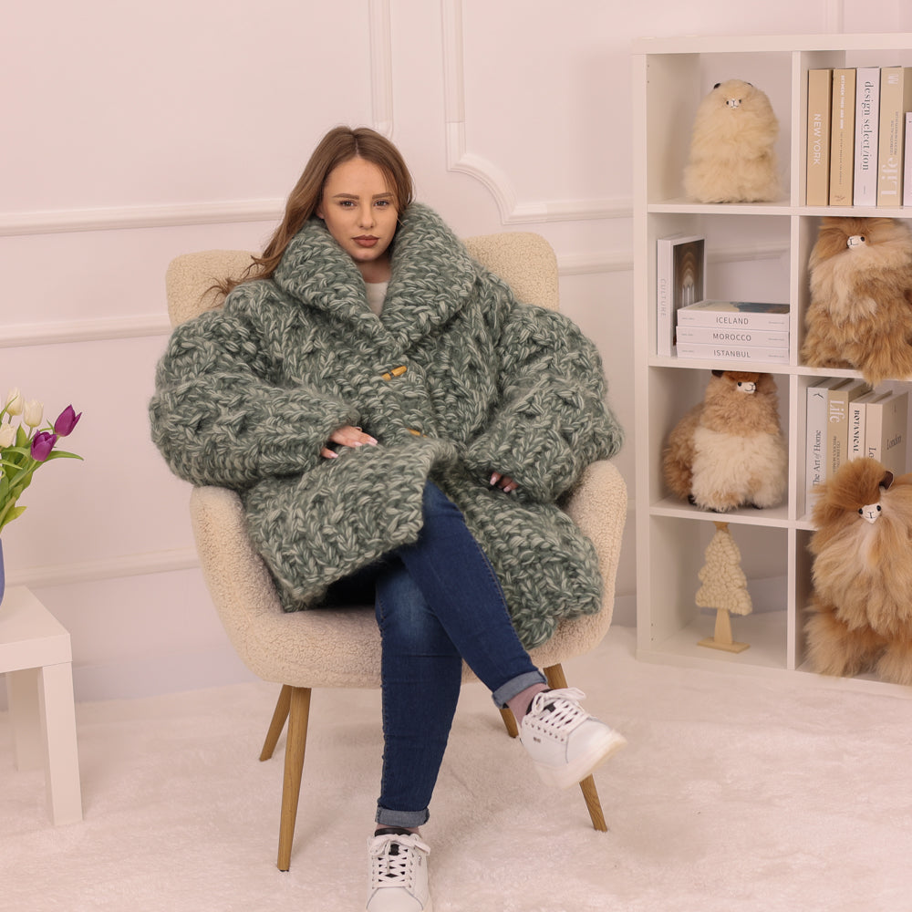 Chunky Cardigan, Wool Mohair Blend, Hand Knitted Green Melange Oversized Button Closure T2235