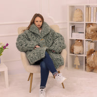Chunky Cardigan, Wool Mohair Blend, Hand Knitted Green Melange Oversized Button Closure T2235