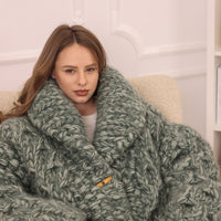 Chunky Cardigan, Wool Mohair Blend, Hand Knitted Green Melange Oversized Button Closure T2235