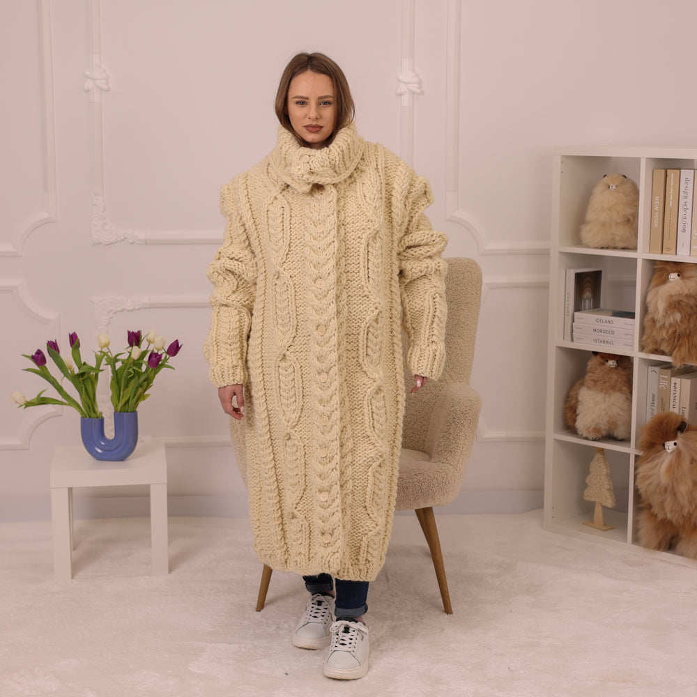 Wool Cardigan, Extra Long Cable Knit, Hand Knitted Cream Turtleneck Oversized Coat T2236