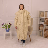 Wool Cardigan, Extra Long Cable Knit, Hand Knitted Cream Turtleneck Oversized Coat T2236