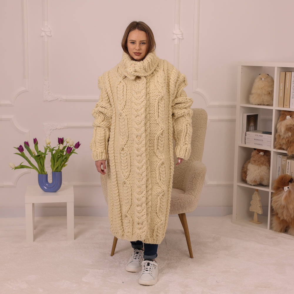 Wool Cardigan, Extra Long Cable Knit, Hand Knitted Cream Turtleneck Oversized Coat T2236
