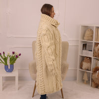 Wool Cardigan, Extra Long Cable Knit, Hand Knitted Cream Turtleneck Oversized Coat T2236