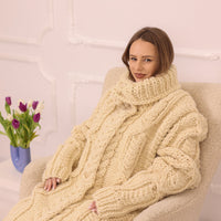 Wool Cardigan, Extra Long Cable Knit, Hand Knitted Cream Turtleneck Oversized Coat T2236