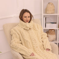 Wool Cardigan, Extra Long Cable Knit, Hand Knitted Cream Turtleneck Oversized Coat T2236