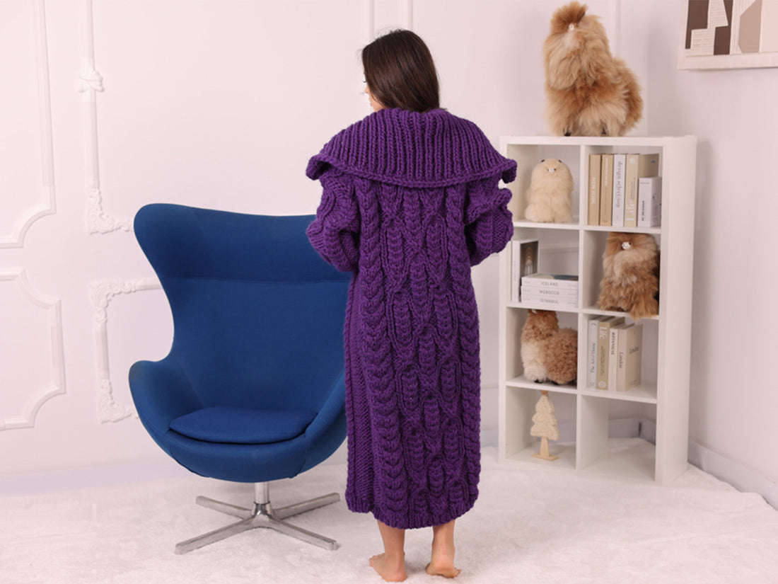 Long Wool Cardigan, Cable Knit, Hand Knitted Purple Oversized Button Coat T2237