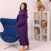 Long Wool Cardigan, Cable Knit, Hand Knitted Purple Oversized Button Coat T2237