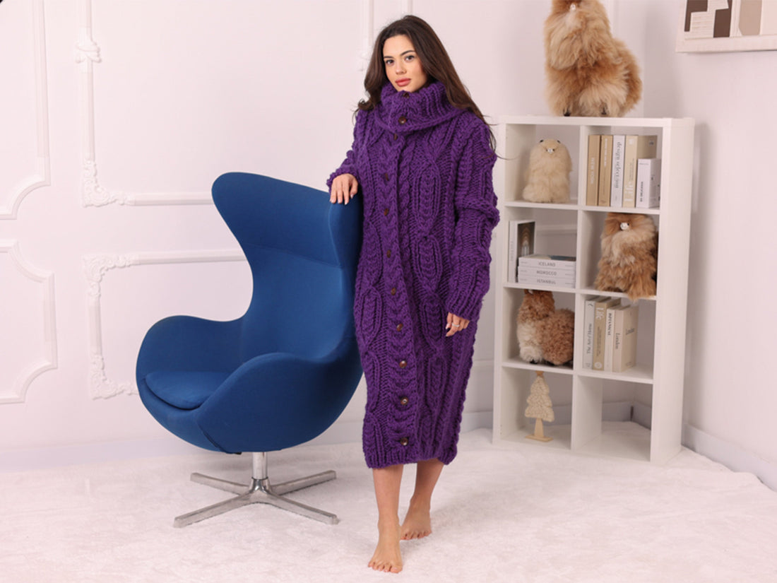Long Wool Cardigan, Cable Knit, Hand Knitted Purple Oversized Button Coat T2237