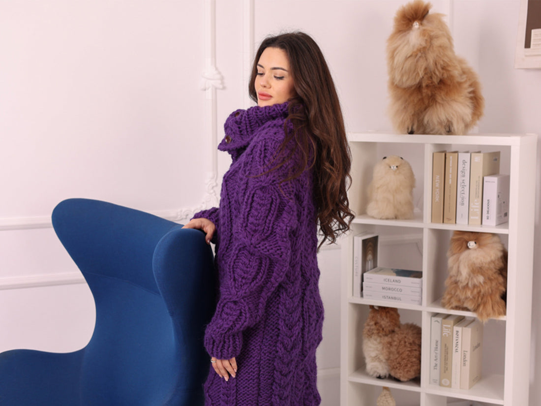 Long Wool Cardigan, Cable Knit, Hand Knitted Purple Oversized Button Coat T2237