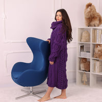 Long Wool Cardigan, Cable Knit, Hand Knitted Purple Oversized Button Coat T2237