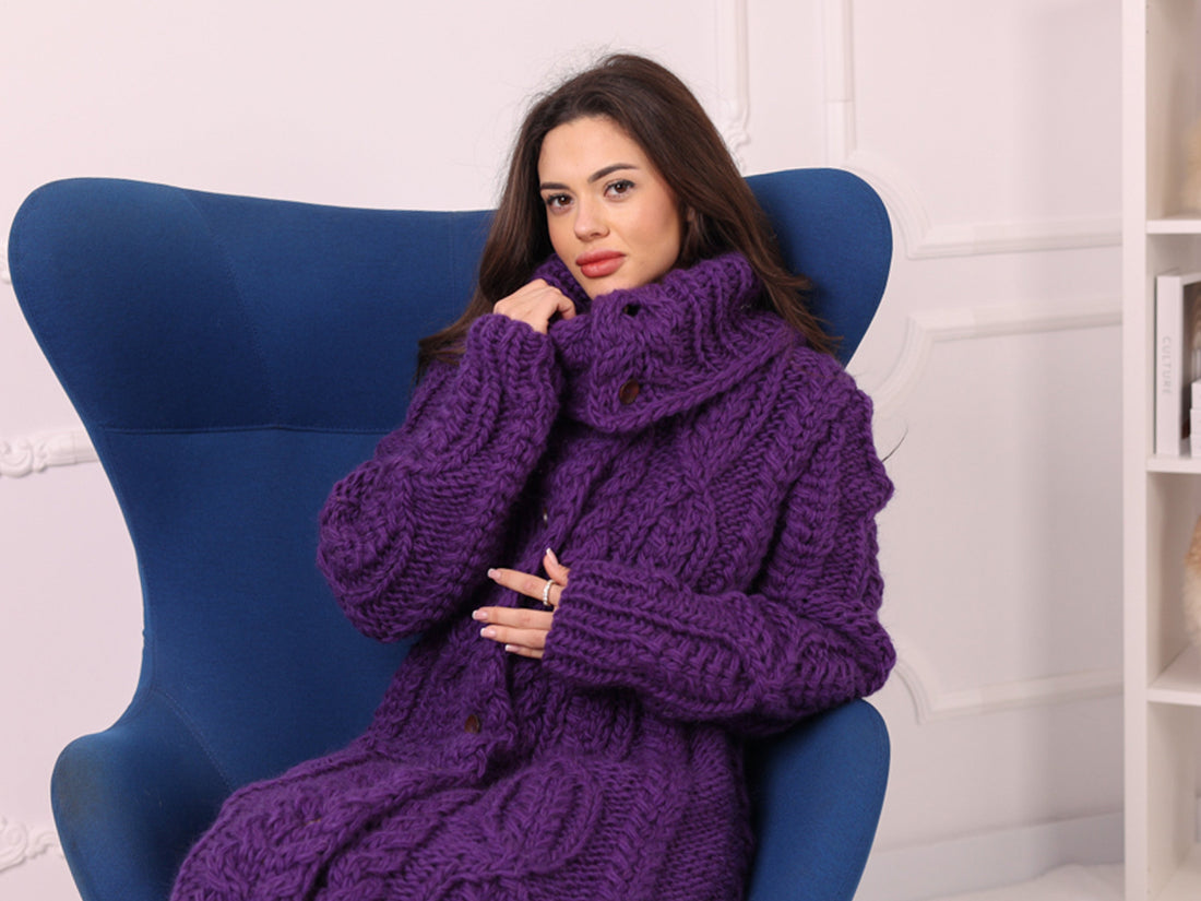 Long Wool Cardigan, Cable Knit, Hand Knitted Purple Oversized Button Coat T2237