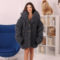 25 Strand Mohair Cardigan Coat, Extra Chunky Zip Sweater, Oversized Heavy Knit Jacket T2238