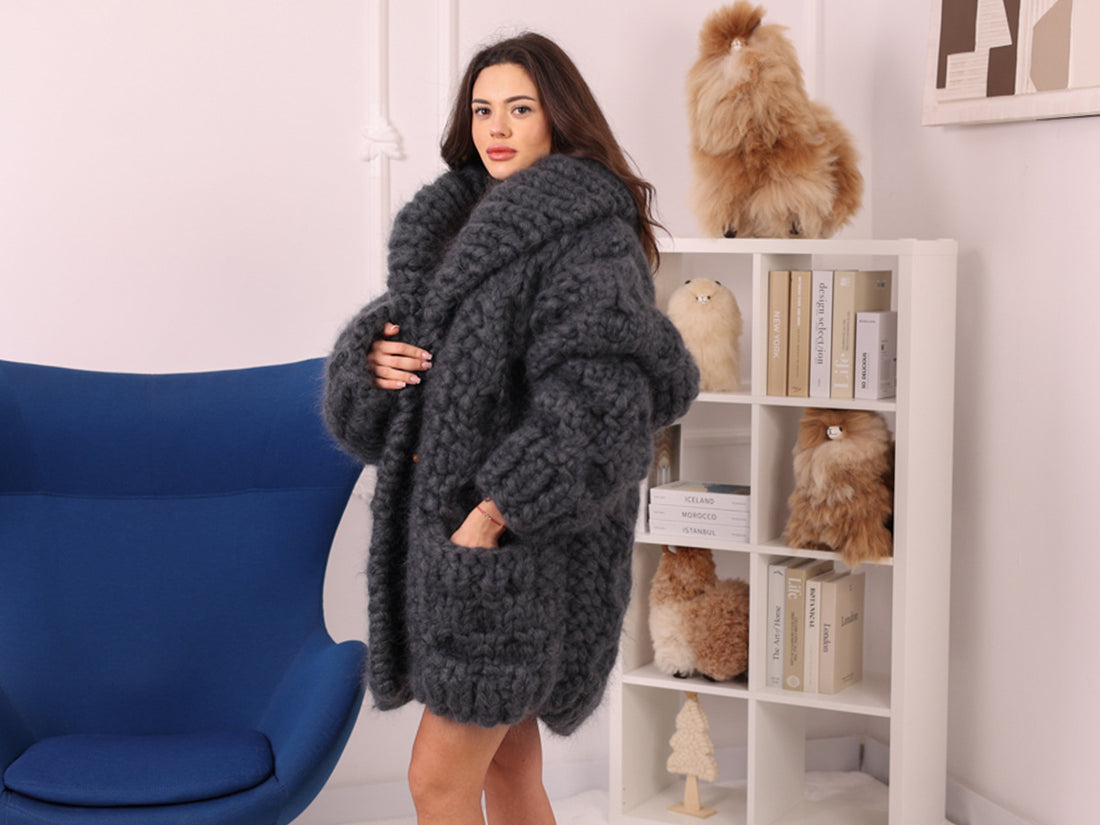 25 Strand Mohair Cardigan Coat, Extra Chunky Zip Sweater, Oversized Heavy Knit Jacket T2238