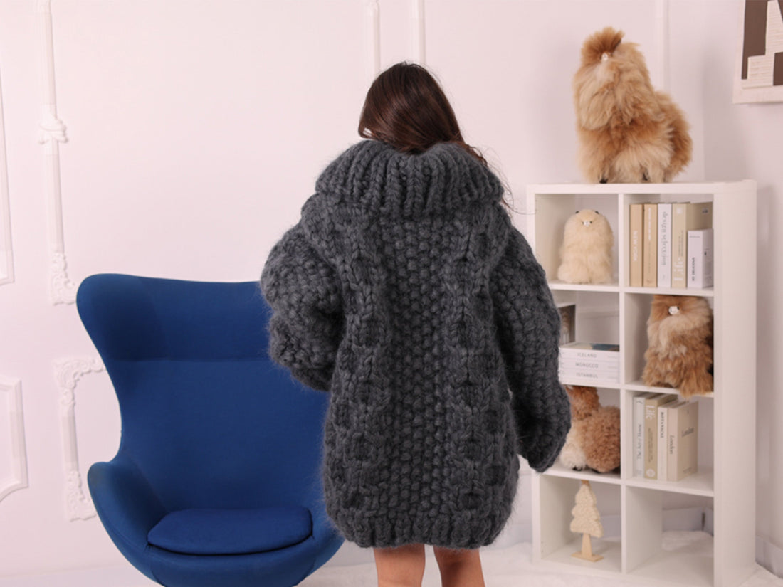 25 Strand Mohair Cardigan Coat, Extra Chunky Zip Sweater, Oversized Heavy Knit Jacket T2238