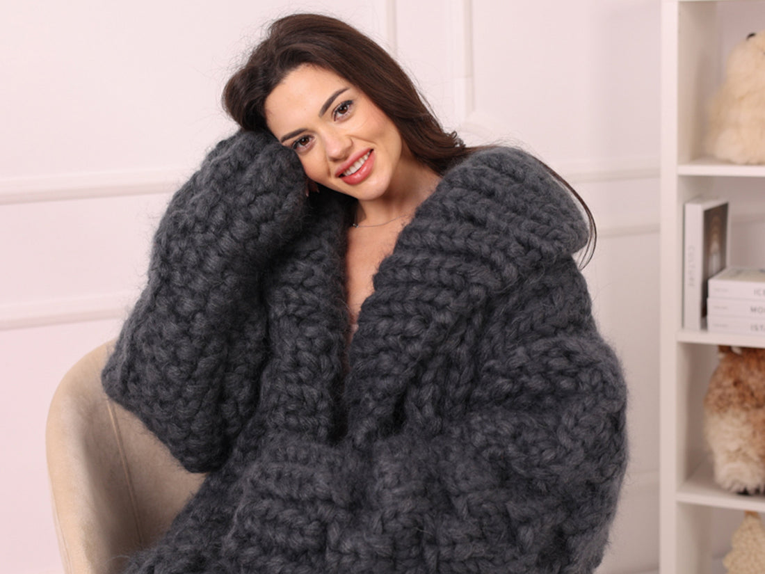 25 Strand Mohair Cardigan Coat, Extra Chunky Zip Sweater, Oversized Heavy Knit Jacket T2238