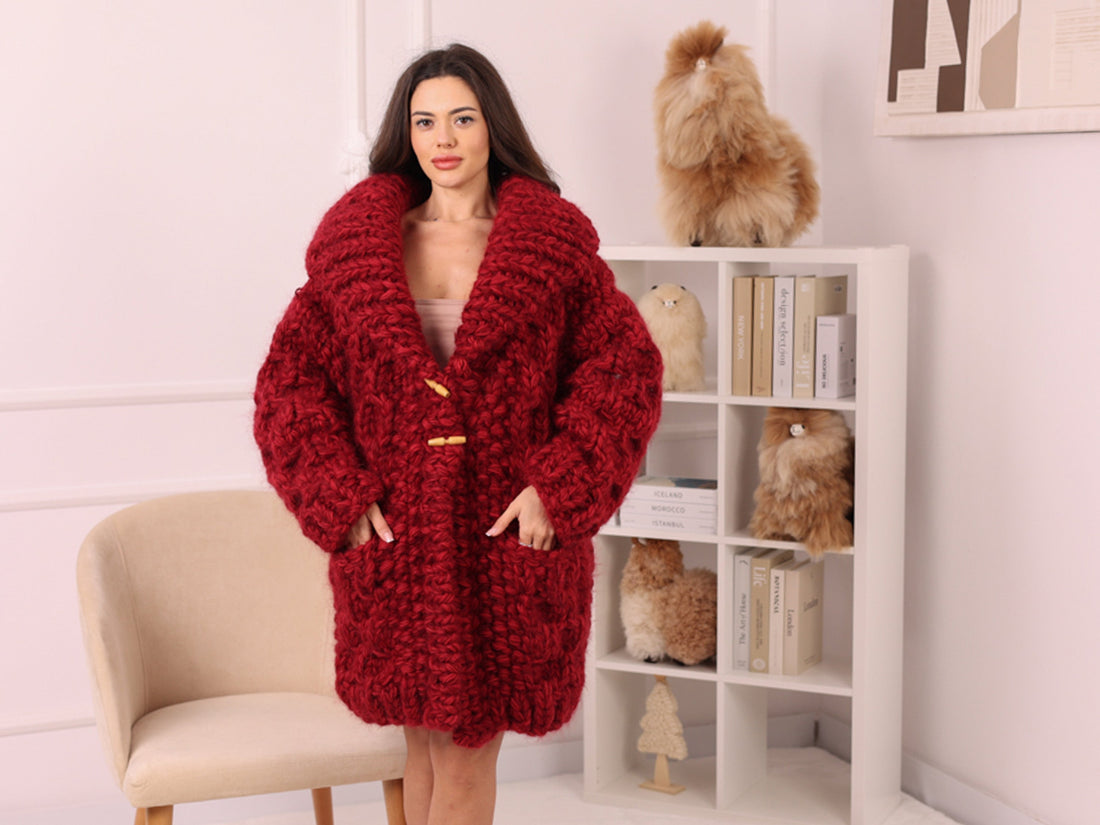 Chunky Wool Mohair Cardigan, Honeycomb Knit, Hand Knitted Red Oversized Coat T2239